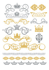 Vector Calligraphic Design Elements. Golden and Silver Color on White background. Victorian Scrolls and crown. Frame, border, swirl, divider. Old-fashioned style