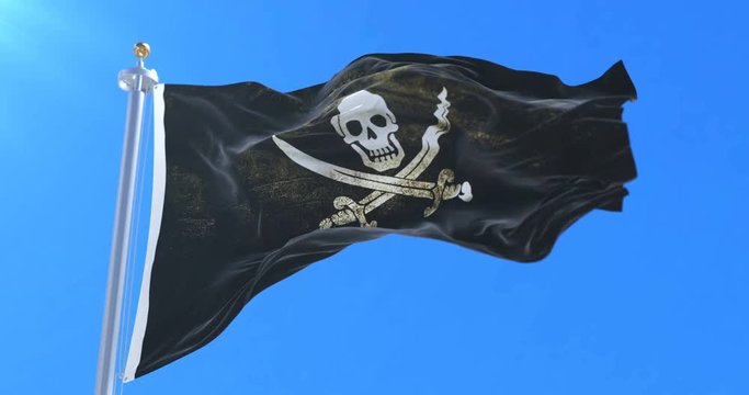 Flag pirate waving at wind in slow with blue sky, loop