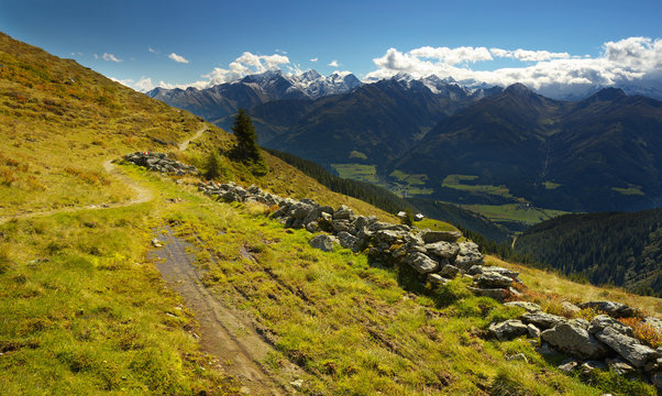 Mountain landscape way with Hohe Tauern on backround, Austria