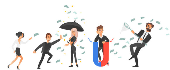 vector cartoon business men and women and money conceptual set. People running for money with butterfly net, standing under money rain holding umbrella, holding magnet. Isolated illustration.
