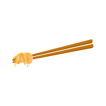 vector flat bamboo sticks with asian noodles wok udon. Doodle noodle icon for restaurant menu design. Isolated illustration on a white background.