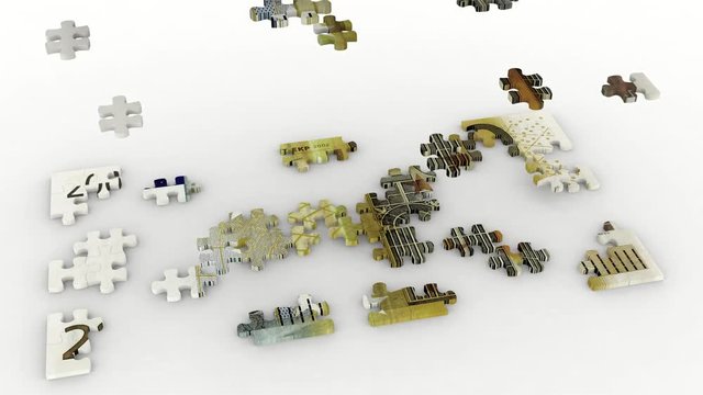 Animazione illustrazione 3D. Creazione puzzle e mazzetta  duecento  euro su sfondo bianco..
