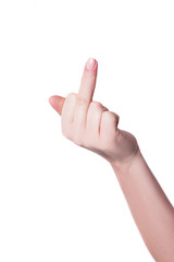 Woman hand showing middle finger sign isolated on white background