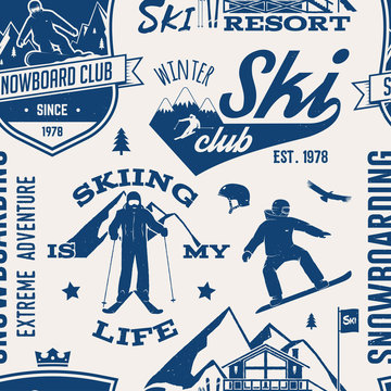 Ski and Snowboard Club seamless pattern. Vector illustration.