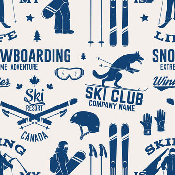 Ski and Snowboard Club seamless pattern. Vector illustration.