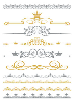 Design Elements. Golden and Silver Color on White background. Frame, border, swirl, divider. Old-fashioned style. Vector.