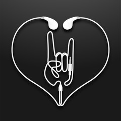 Earphones, Earbud type white color and Rock hand sign language with heart shape frame made from cable isolated on black gradient background, with copy space