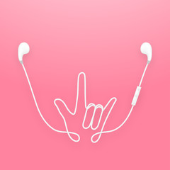 Earphones wireless and remote, earbud type white color and I Love You hand sign language made from cable isolated on pink gradient background, with copy space