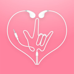 Obraz premium Earphones, Earbud type white color and I Love You hand sign language with heart shape frame made from cable isolated on pink gradient background, with copy space