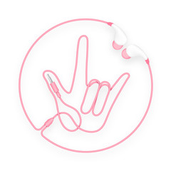 Earphones, In Ear type pink color and I Love You hand sign language with circle frame made from cable isolated on white background, with copy space