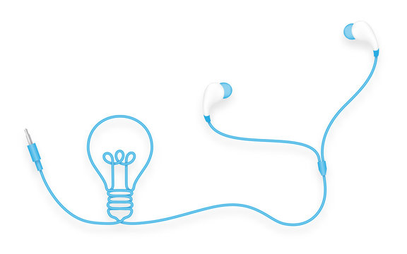 Earphones, In Ear type blue color and Light Bulb symbol made from cable isolated on white background, with copy space