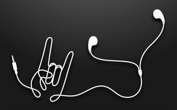 Earphones, Earbud type white color and Rock hand sign language made from cable isolated on black gradient background, with copy space