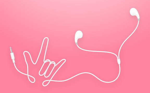 Earphones, Earbud type white color and I Love You hand sign language made from cable isolated on pink gradient background, with copy space