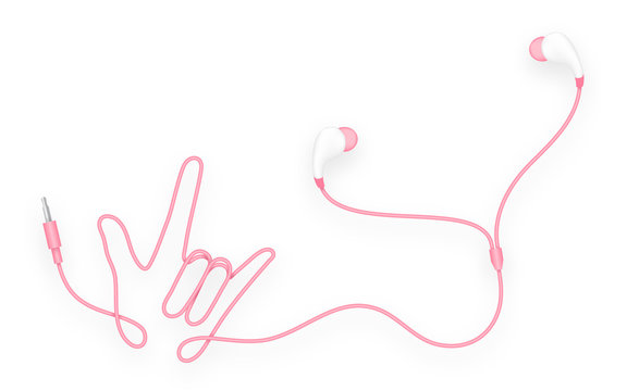 Earphones, In Ear type pink color and I Love You hand sign language made from cable isolated on white background, with copy space