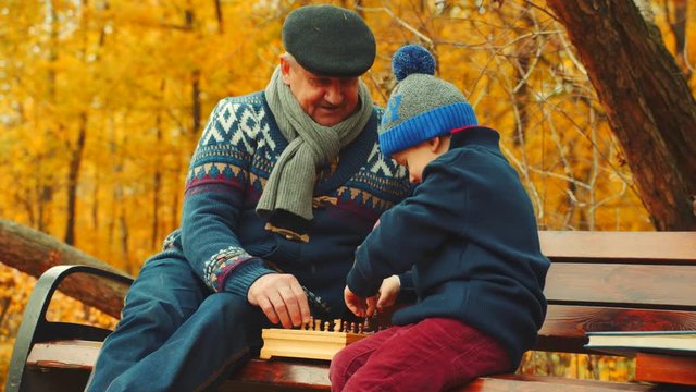 Grandfather is teaching his grandson to play chess on the bench in the autumn park