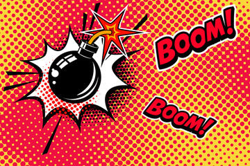 Comic book style background with bomb explosion. Design element for banner, poster, flyer. © liubov