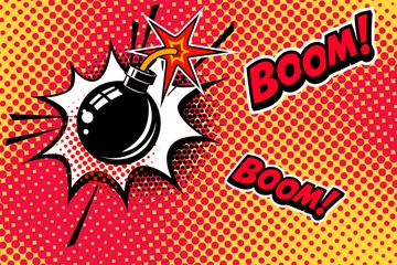 Fototapeten Comic book style background with bomb explosion. Design element for banner, poster, flyer. © liubov