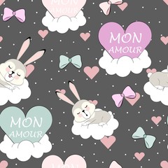 pattern cartoon for Valentine's day with a sleeping Bunny in the clouds.