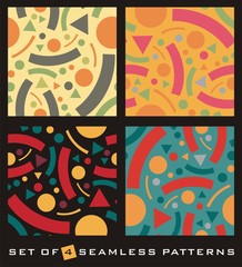 Seamless vector pattern with colorful geometric objects. Memphis style pattern template for fabric or textile design.