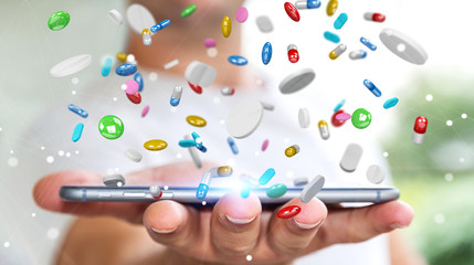 Businessman holding and touching floating medicine pills 3D rendering
