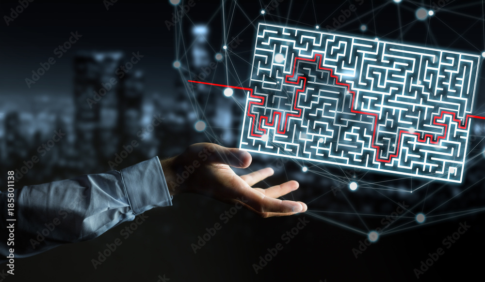 Poster businessman searching solution of a complicated maze