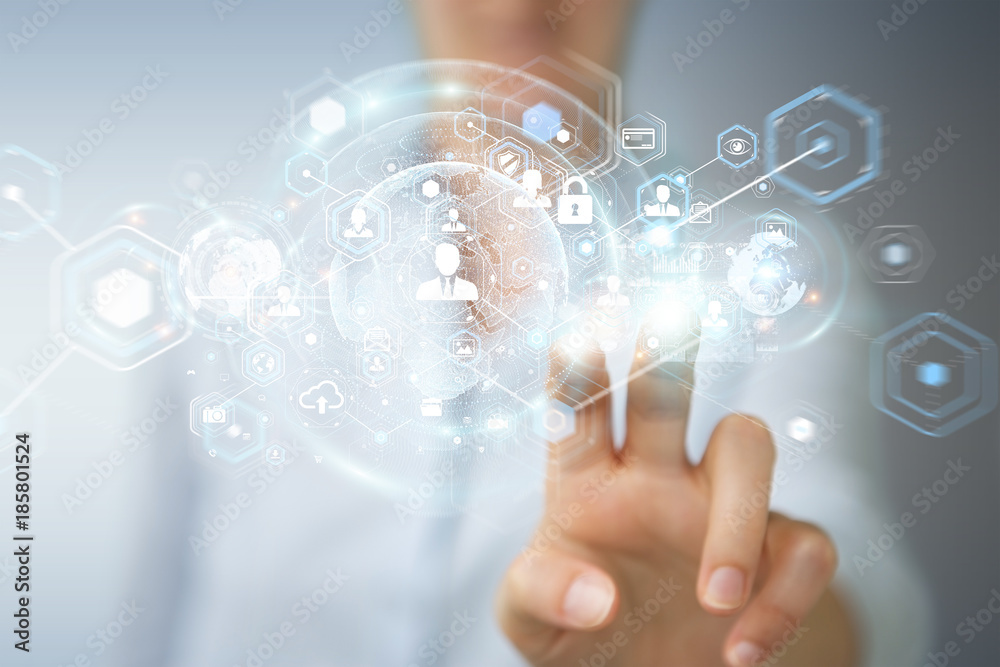 Poster businesswoman using social network interface 3d rendering