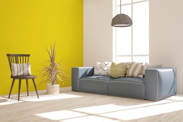 Idea of yellow minimalist room with sofa. Scandinavian interior design. 3D illustration