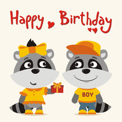 Happy birthday! Greeting card: funny raccoon girl gives gift to boy raccoon for birthday.