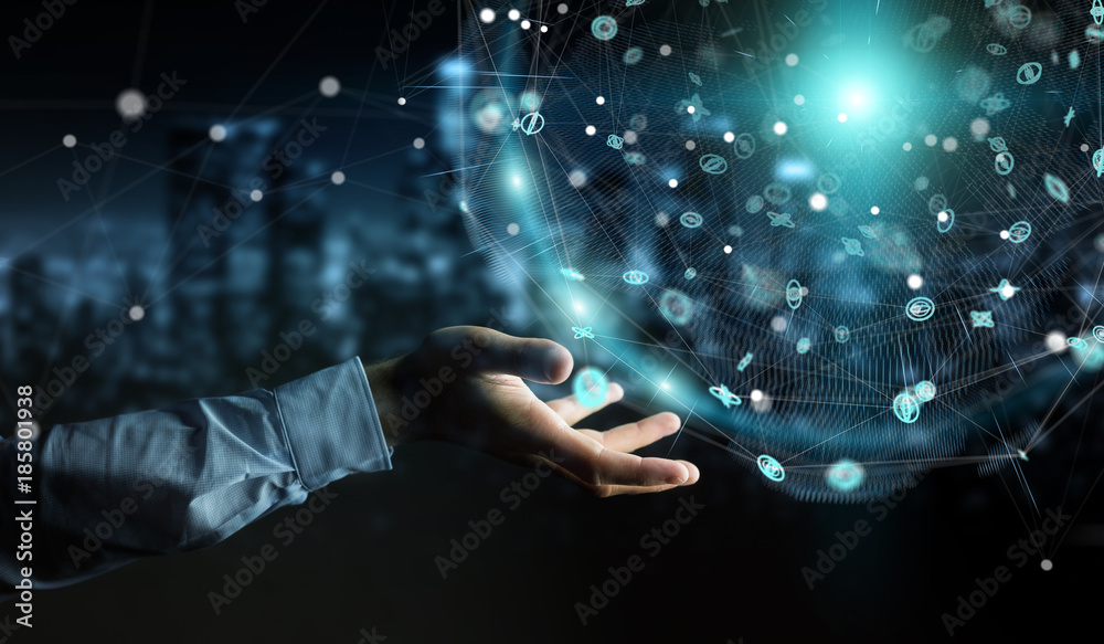 Poster Businessman using holograms datas digital sphere 3D rendering