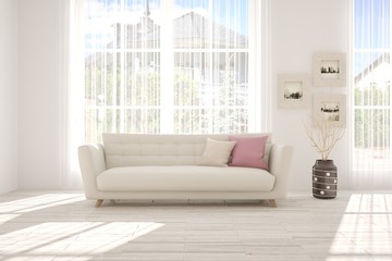 Idea of white room with sofa and summer landscape in window. Scandinavian interior design. 3D illustration