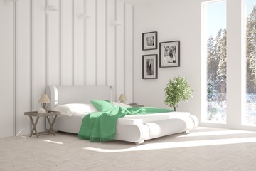 White bedroom with winter landscape in window. Scandinavian interior design. 3D illustration