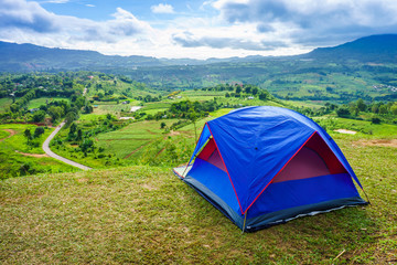 Camping on the hill at Khao Ta-Khian Ngo Viewpoint. The location in Khao Kho District, Phetchabun, Thailand, Southeast Asia.