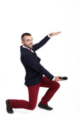 Funny young gentleman with microphone