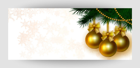 Horizontal gift gold design background with balls, bows for the invitation,  voucher. For a banner, postcards. flyer, label, certificate, company card. Merry New Year, Happy Christmas. Vector.
