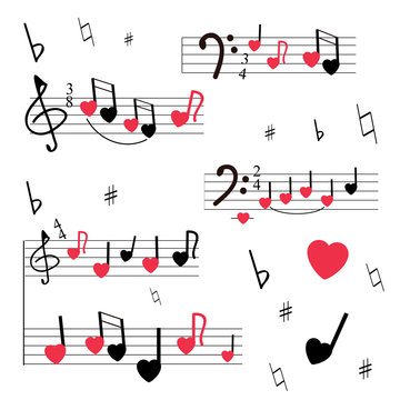 A musical mill with stylized notes, violin and bass keys, hearts. Musical romantic background. White background, red and black colors.