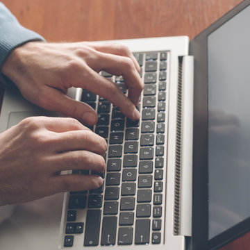Skill up typing courses. Man hands on the laptop keyboard. Improving technics and qualification. Finger training exercises