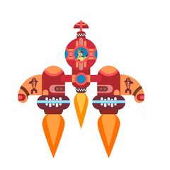 cat flying on a rocket with fish icons in space