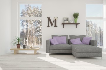 White room with sofa and winter landscape in window. Scandinavian interior design. 3D illustration