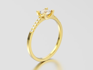 3D illustration yellow gold engagement round cut shape ring with diamond