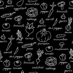 Vector pattern of seamless background with vegetables. Vector hand drawn doodle background.