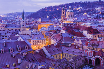 Winter Prague before sunrise , panoramic view