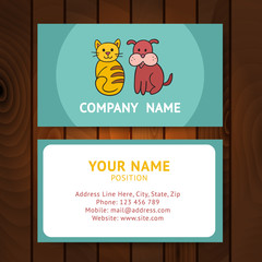 Business card with cat and dog for veterinary clinics or pet-shop on wooden background.
