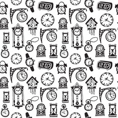 Seamless pattern with doodle watches and clocks. Texture for wallpaper, fills, web page background.