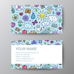 Colorful business card template with spring doodle pattern.