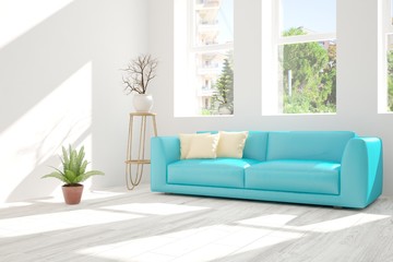Idea of white room with sofa and summer landscape in window. Scandinavian interior design. 3D illustration