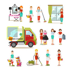 Cleaning people vector flat icon set