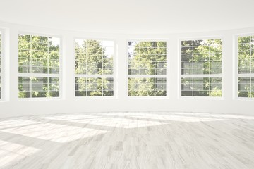 White empty room with summer landscape in window. Scandinavian interior design. 3D illustration