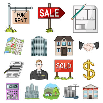 Realtor, agency cartoon icons in set collection for design. Buying and selling real estate vector symbol stock web illustration.