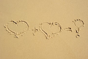<3 + <3 = ?  Two heart equation drawn in the sand, ending with a question mark.