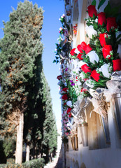 Flowers in the cemetery near the wall with the burial